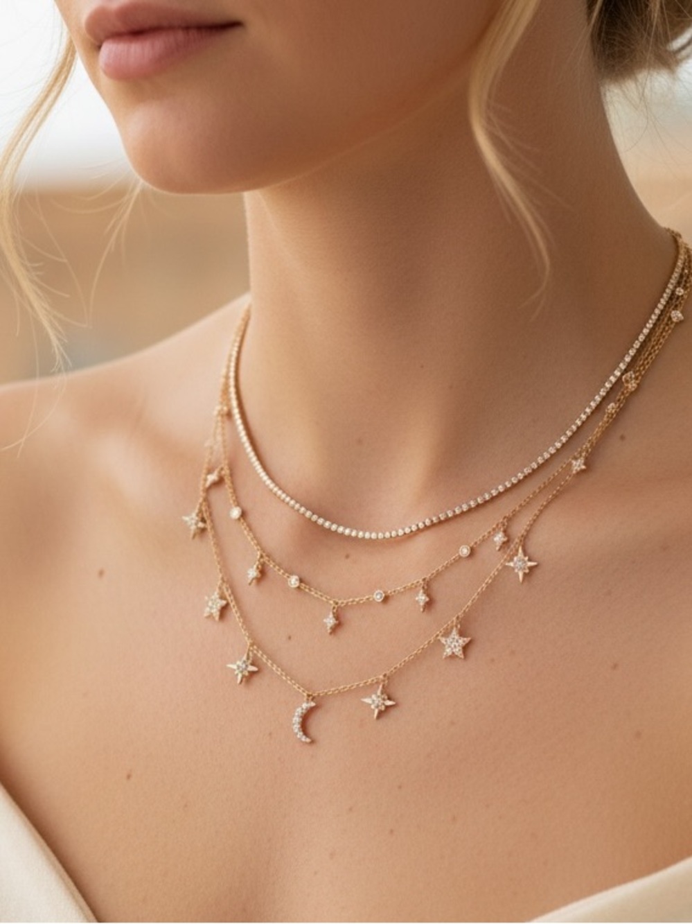“Moon Child” Starry Diamond Night Sky Layered Trendy Gold Festival Necklace - Picture 3 of 4